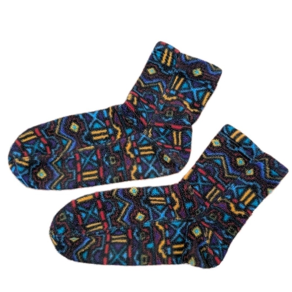 Vintage 90s Fleece Slipper Socks Aztec Southwestern Geometric Tribal Cabin Cozy